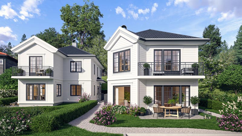 3D-visualisering av to moderne hvitmalte eneboliger i boligprosjektet Villa Voksen, med balkonger, mørke vinduskarmer, markterrasser og opparbeidet hage med grussti.