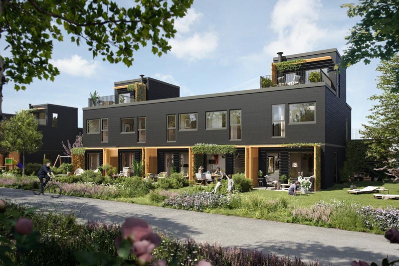 3D-visualisering av mørke, moderne rekkehus i Havrehagen boligprosjekt, med takterrasser, markterrasser, blomstrende uteområder og gangvei.