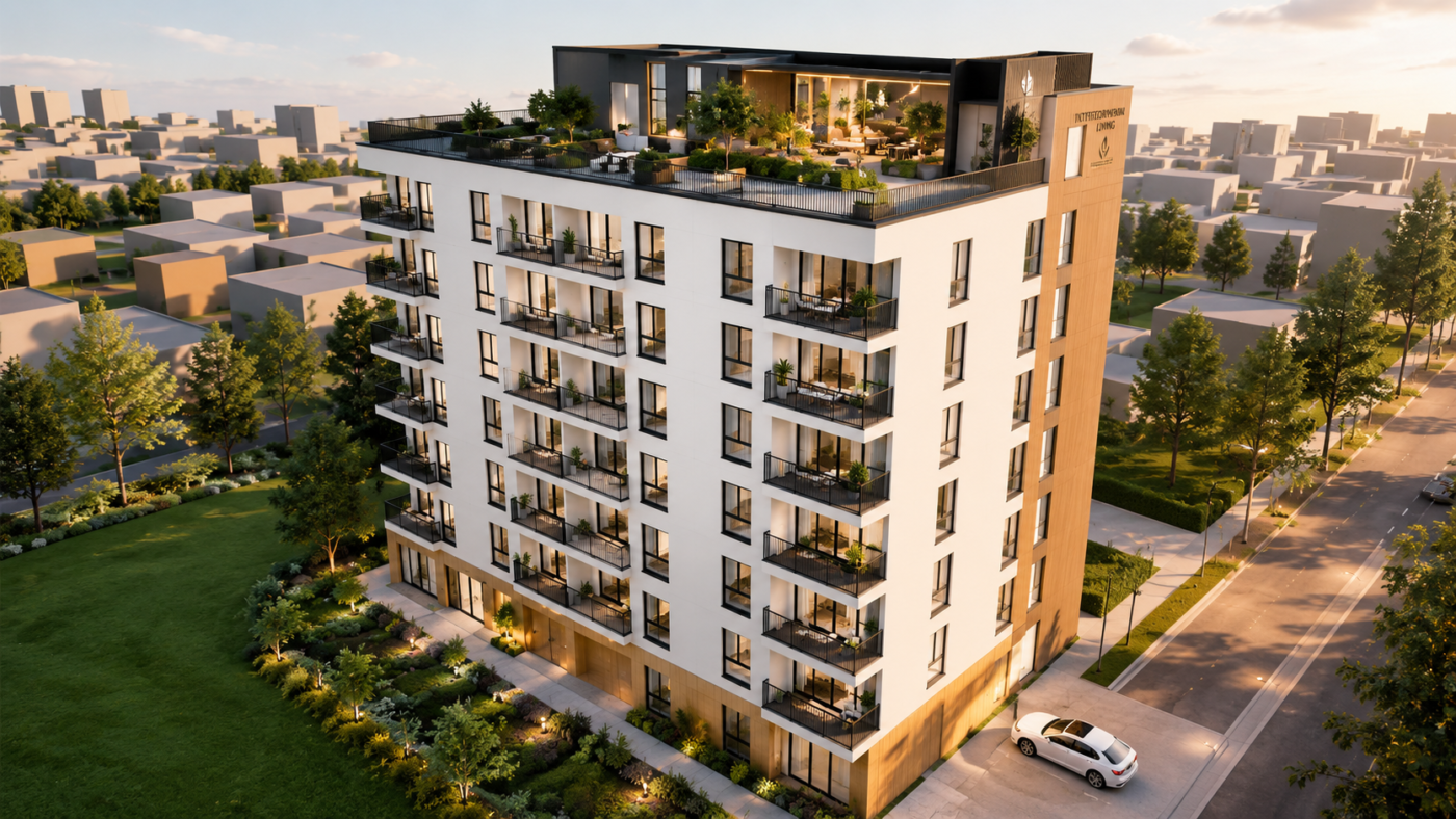 Illustrasjon av Kirkegata 52 i Narkvik boligprosjekt under utvikling