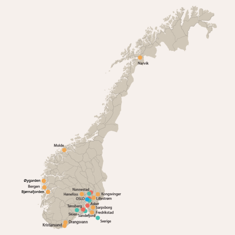 Kart som viser BoMer sine eiendomsprosjekter